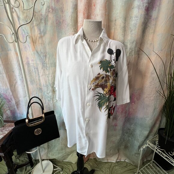 Vintageπ Disney Design Mickey Short Sleeves Cotton Blend Button Down Blouse - Picture 1 of 12
